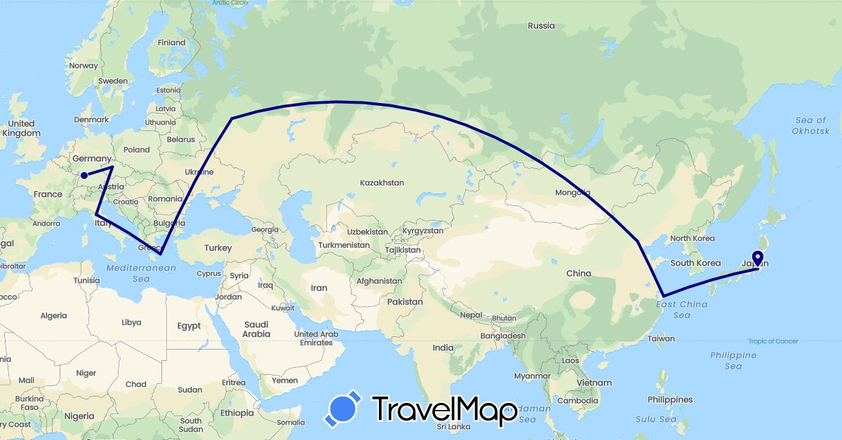 TravelMap itinerary: driving in China, Czech Republic, Germany, Greece, Italy, Japan, Russia (Asia, Europe)